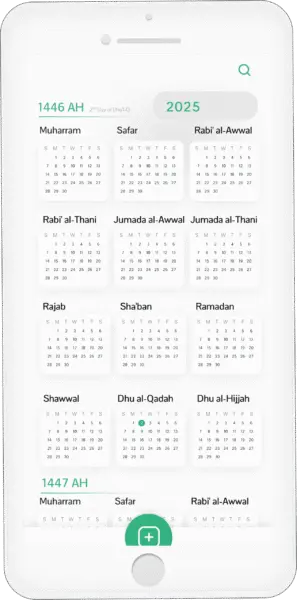 Mobile view of the Hijri Calendar showing Islamic months and 2025 Gregorian year