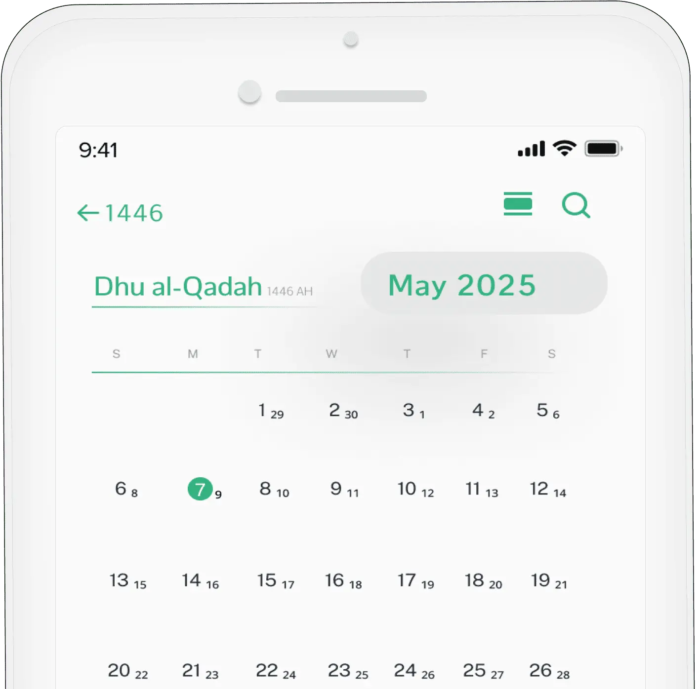 Hijri Calendar showing Dhu al-Qadah 1446 AH aligned with May 2025 on a mobile screen